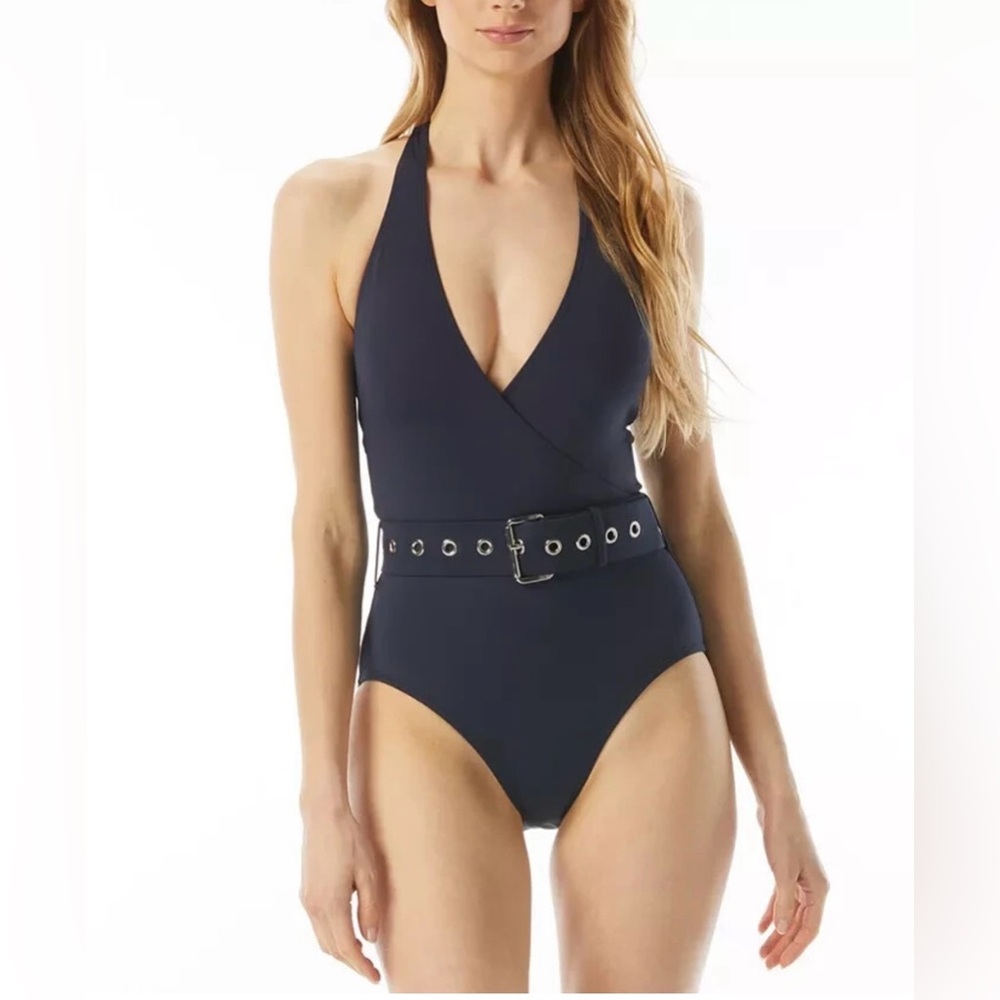 Michaels navy blue Belted One-Piece Swimsuit